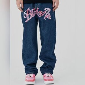 Made Extreme Embroidered Hip Hop Baggy Mens Black Air Denim Straight Jeans Med